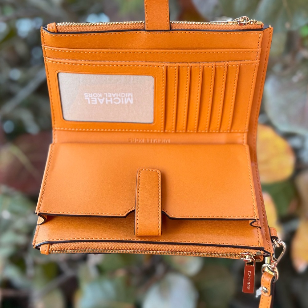Michael Kors Jet Set Travel Double Zip Large Phone Wristlet MK Rad Orange Multi - Picture 7 of 12